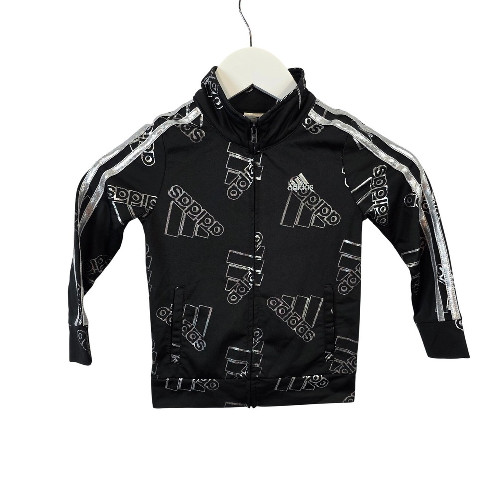 Adidas Tddler Girls 4 Black Silver Metallic All Over Logo Track Jacket Full Zip - Picture 1 of 7
